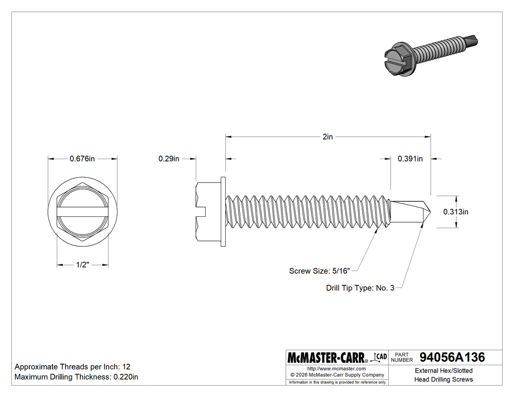 Technical Drawing of External Hex/Slotted Head Drilling Screws, External Hex/Slotted-Zinc Plated Steel, 5/16" Size, 2" Long.